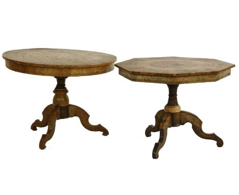 A 19th century parquetry decorated low table, the octagonal top on tripod base together with a similar circular example 72cm 