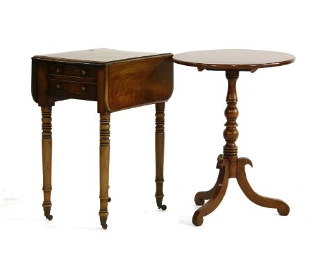 A mahogany tripod table, 52cm, and a work table, 52cm (2)