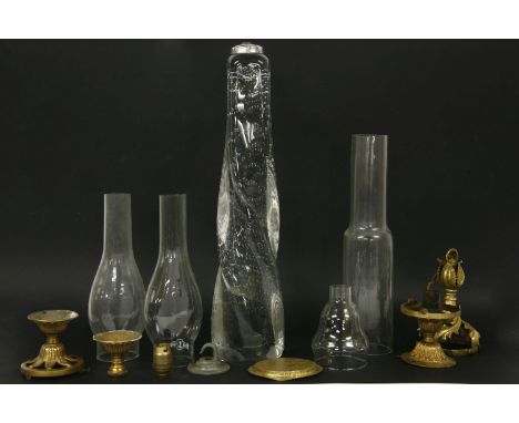 A glass sculpture, oil lamp chimneys, light fittings etc