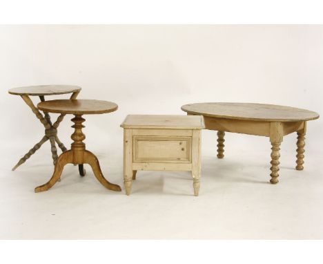 A pine converted box commode, 55cm, an oval table, a tripod table, and a gypsy table