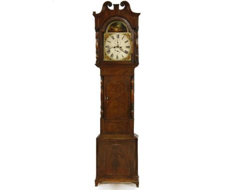 A Victorian mahogany eight day longcase clock, the painted arched dial with pictorial hunting scene to arch by James Davenpor