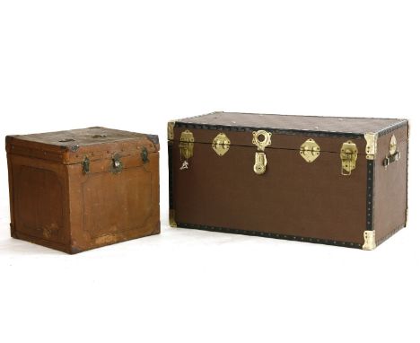 A vintage cuboid form trunk, with leather mounts together wth one other trunk 100 x 51 x 50cm (2)