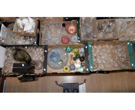 Collection of glass including paperweights, 1930s blue molded glass centre piece, glasses, decanter etc (3 boxes) 