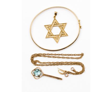 A 9ct gold bangle; together with Star of David pendant and blue stone pendant x 9 ct gold chain, with a combined total gross 
