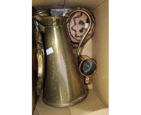 AJ.S and S Arts and Crafts brass jug, a copper and bass post box money bank, a Georgian copper tankard, a Johnnie Walker copp