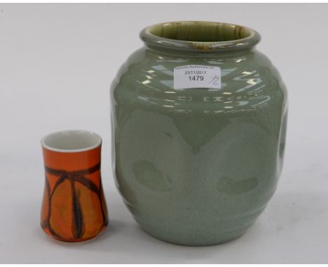 An Art Deco Candy Ware vase, ovoid dimpled form, green glazed; together with a Poole Delphis Ware miniature vase, waisted for