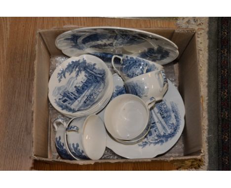 Johnson Brothers Haddon Hall blue and white teaset for six, plates, cups, saucers, etc (19) 