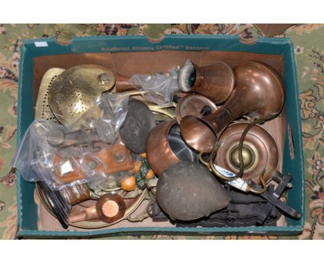 One box of copper and metal brassware to include a small set of scales and weights, cast iron doorstop, brass bell weight, ch