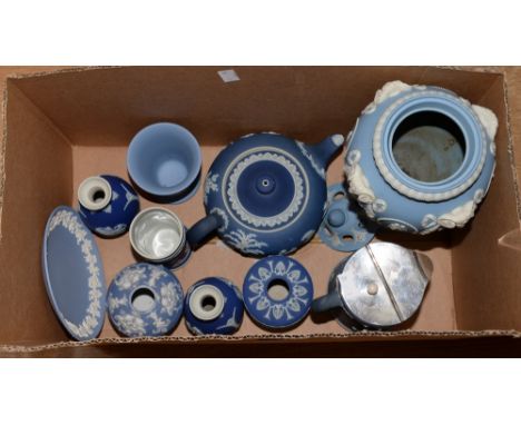 A collection of Wedgwood Jasper ware to include a pot pourri vase (af) a teapot, vases and pots, etc (one box) 