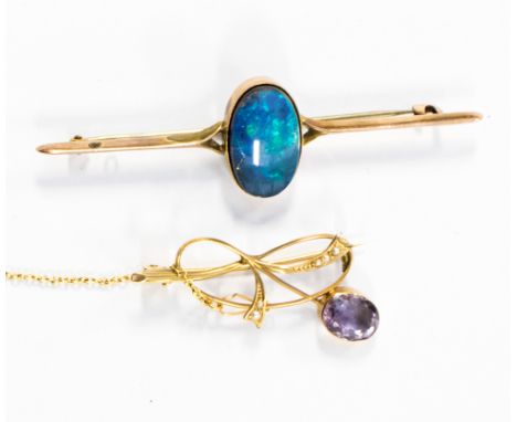 A 9ct Edwardian black opal doublet brooch; together with a 9ct gold amethyst and pearl brooch (2) 