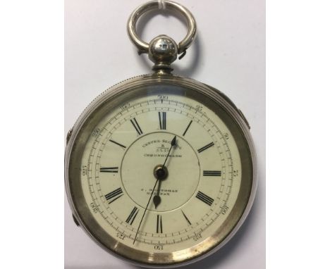 A silver J. Bobtham of Halifax chronograph pocket watch, centre seconds 8/5550, Chester 1883, cream enamel dial with black Ro