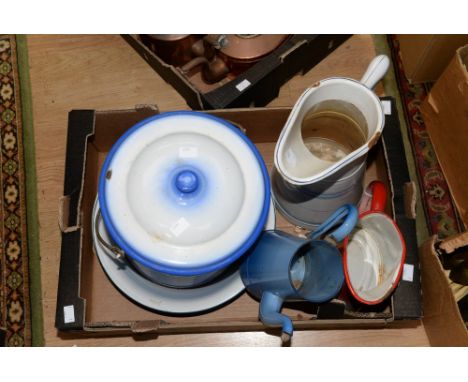 One box containing French enamel ware to include bread bin, two bowls, two jugs and a coffee pot (af) good shabby chic lot (1