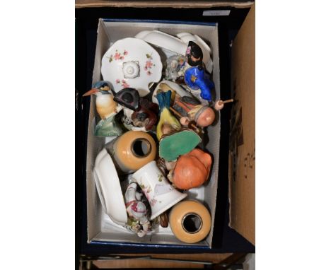 Continental ceramic figures, Hummel figures, bird figures, Royal Crown Derby trinkets, etc (one box) 