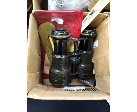 Army and Navy binoculars, Ronson lighter, plated thimble in egg case, button polisher, and a WW II petrol coupon in wallet, i