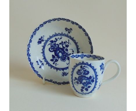 Worcester blue and white coffee cup and saucer, printed floral sprays and borders, circa 1775-90, mock Chinese signs disguisi