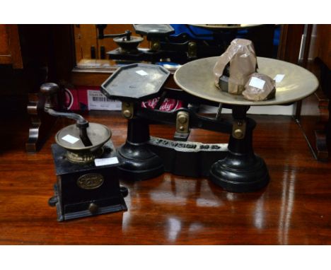 20th Century brass and painted metal scales and a coffee grinder (2) 