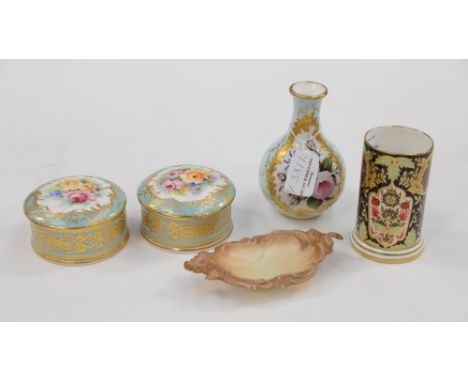 A pair of Prestige China lidded trinket pots, hand painted by T.G.Abbots and gilded by D.F.Bailey, together with a small Coal