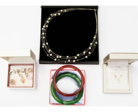 A 9ct gold earring and pendant set with cubic zirconium, Pandora style charms, a Paula Bolton silver and gemstone/pearl 1990 