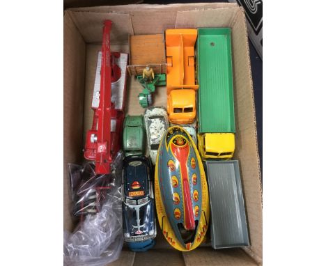 A collection of unboxed diecast playworn vehicles to include: Dinky and Corgi and two tinplate vehicles (one box) 