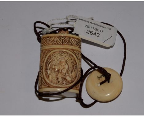 A Japanese bone carved Inro, with button carved Netsuke attached, the Inro depicts a gentlemen on both sides, the Netsuke dep