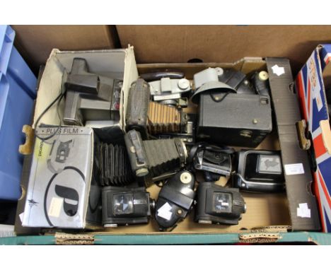 One box of assorted cameras to comprise: Coronet 'Vogue', Polaroid, Kodak and others; together with a box of camera equipment
