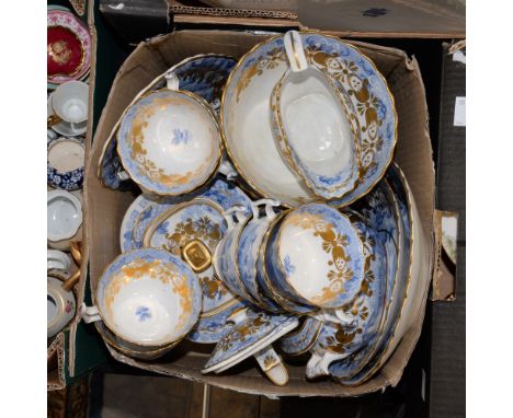 Tea service, Staffordshire Willow 19th Century with later factory applied gilding, teapot teacups and saucers, fruit dishes, 