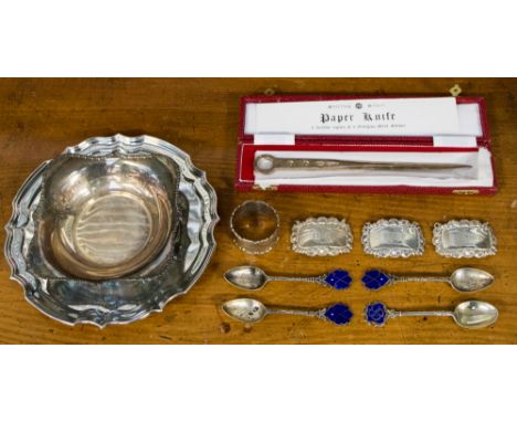 London 1978 silver letter opener in original box, silver golfing spoons with enamelled finials, silver napkin ring, three sil