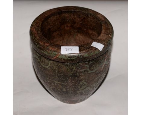 A jade type Chinese jardiniere, having carvings to exterior of dragons, high stepping horses and carts, also Chinese script