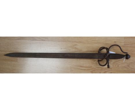 Spanish made decorative Sword. 59cm blade. Etched decoration to blade. Marked "Toledo". Wire bound grip. No scabbard.