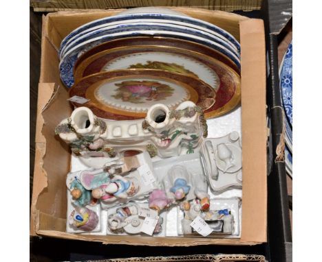Three Limoges plates, four Spode plates, six German fairings and a Staffordshire figure