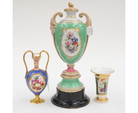 A 19th century, Davenport, two handled vase, hand painted with fruit and flowers in a gilded cartouche and gilding to base an