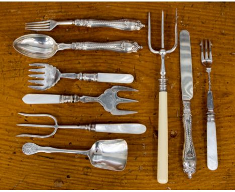 A silver caddy spoon, Chester 1853/4; together with knife, fork and spoon set, Sheffield 1858/9 and five assorted silver and 