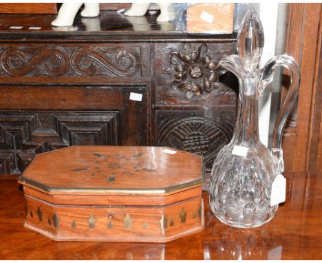 An ornamental box with brass inlay, together with a tall cut glass decanter (2)