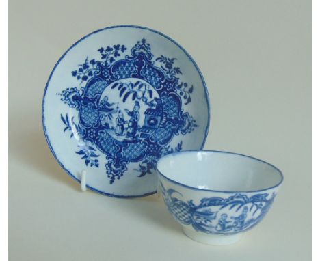 Worcester blue and white tea bowl and saucer, printed with the 'Mother and Child and Fisherman' pattern, circa 1775-80,  sauc