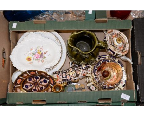 A box of Royal Crown Derby china, to include  2451 pattern teapot and part tea set, Old Imari tray and Posie pattern plates a