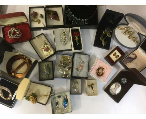 A collection of costume jewellery comprising a paste jewellery set, articulated detachable frog earrings, various brooches in