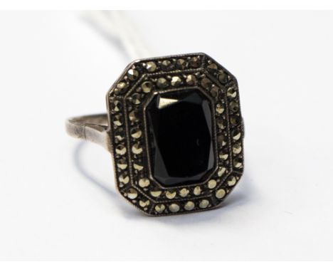 An Art Deco onyx and marcasite ring 