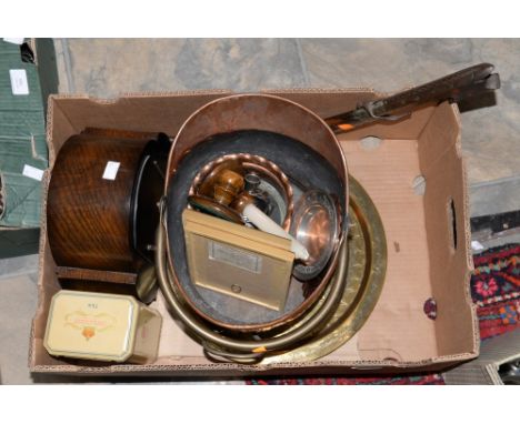A box containing an oak cased Enfield mantle clock, a copper coal bucket, two Cash's silk pictures and items of metalware (1)