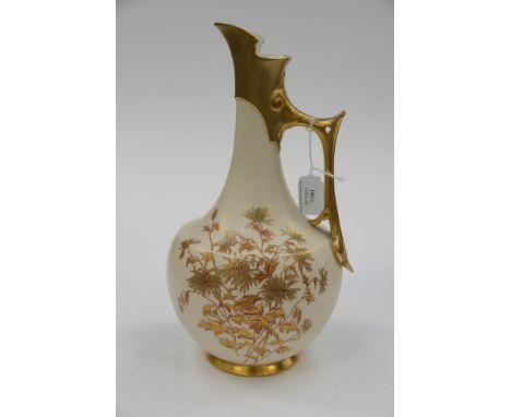 A Royal Worcester ivory finish ewer, bottle form with angular gilt handle, foliate gilt decoration, puce mark 1028 