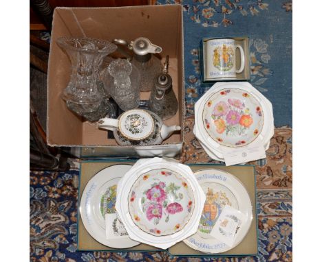 A Royal Crown Derby teapot 'Caliph' together with a silver Jubilee 'Woods' Commemorative plates and tankard, two claret jugs,