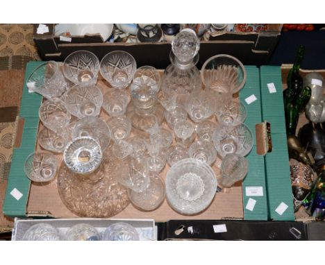 Cut glass and silver necked ships decanter, cut glass glasses, dessert dishes, decanters, etc (one box) 