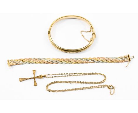 An Italian tri coloured 9ct gold bracelet, a 9ct rolled gold bangle and a yellow metal continental cross and chain, with a co