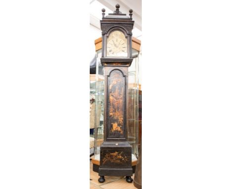 An early to mid 18th Century Peter Chapeau of London longcase clock, black lacquer case with raised chinoiserie decoration, c