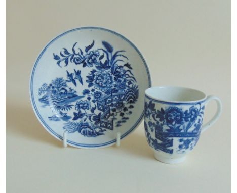 Worcester blue and white coffee cup and saucer, decorated with 'The Fence' pattern, circa 1770,  cup size approx 6.5cms high 