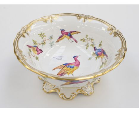 A Spode Chelsea Bird punch bowl, moulded leaf foot, exotic birds to the interior 