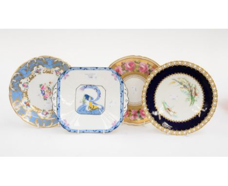 A hand painted Copeland plate depicting roses, signed T Sadler, a hand painted floral plate, signed E. Tipping, a 19th Centur
