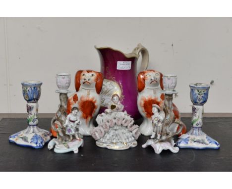 A 19th Century jug dated 1863; together with a pair of Staffordshire dogs, a Dresden figurine, a pair of Continental china ca