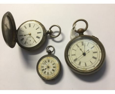 Three pocket watches, comprising a ladies silver half hunter with enamelled dial with gilt detail, approx diameter 36mm, a ge