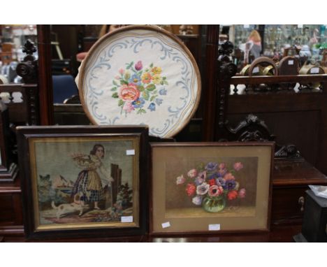 An embroidery in a circular frame (as tray), together with a 19th century tapestry, including an Edwardian print 'Anenomies',