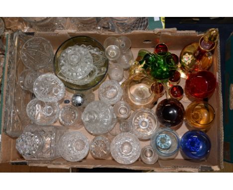 One box of glassware to include: a Bohemian gilded red glass; decanter set; Doulton cut glass whisky tumblers and decanter, p